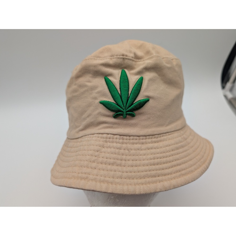 Tan Khaki Bucket Hat with Green Embroidered Leaf Design Cotton Twill Sun Hat S